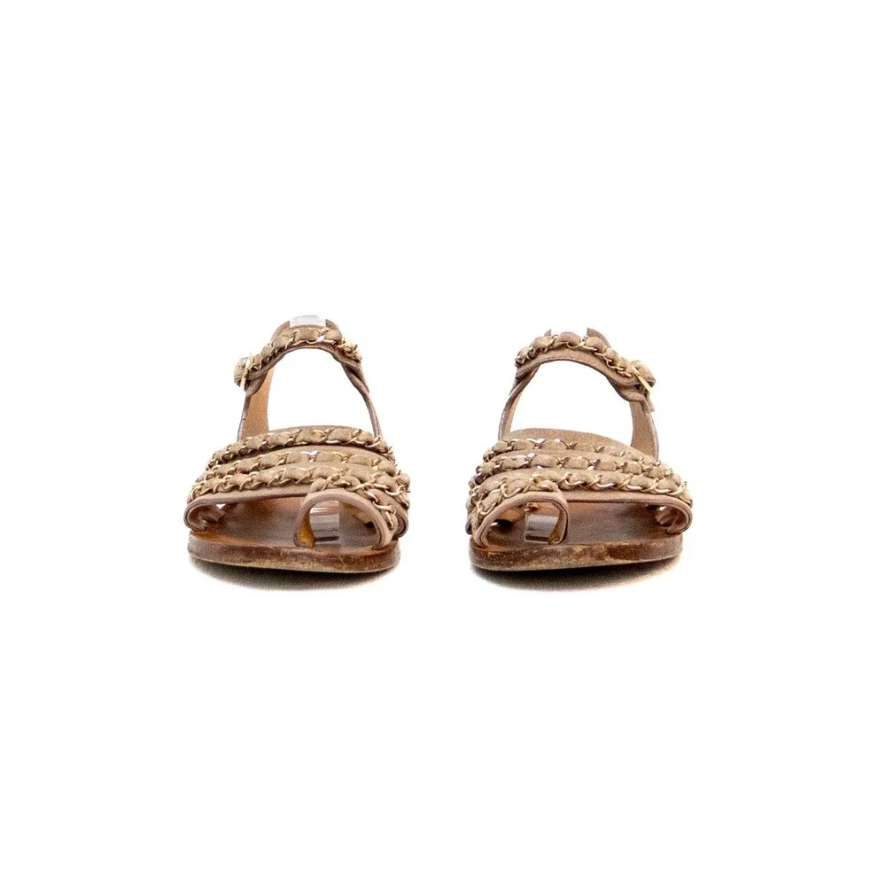 Chanel Gladiiator Taupe Suede‎ Chain-Trim Flat Sandals – Size 37.5 /US 7.5